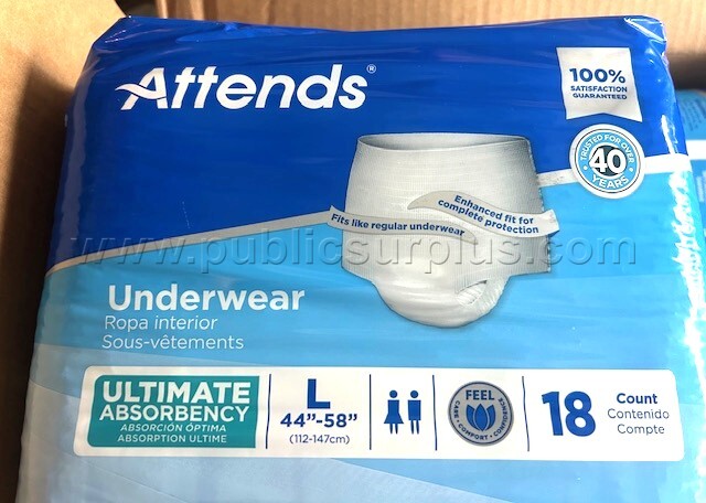 CASE OF FOUR PACKS OF NEW ATTENDS UNDERWEAR LARGE 44"-58"  75 UNITS — photo 1